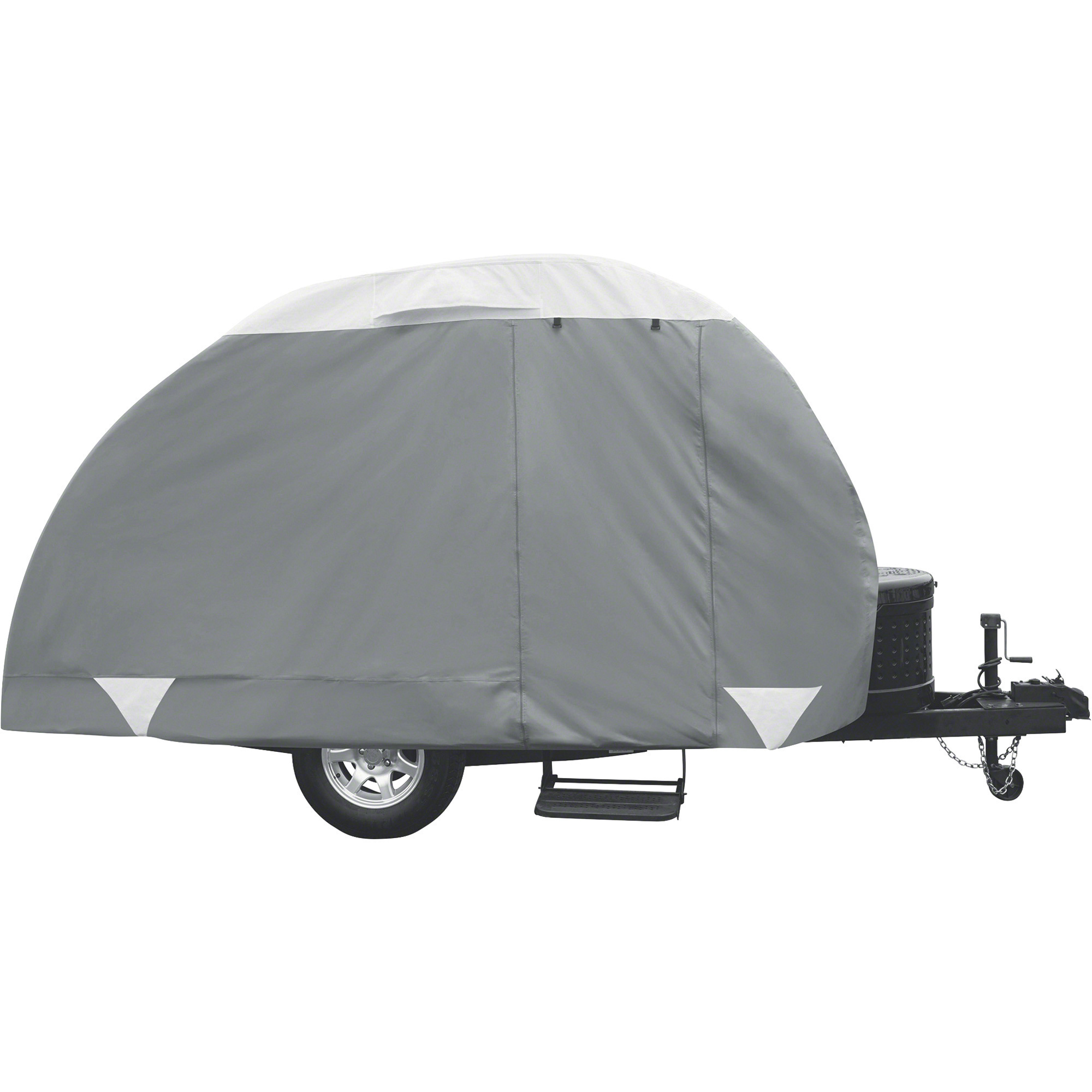 Classic Accessories Overdrive PolyPRO 3 Deluxe Teardrop Trailer Cover, Gray and White, Fits Teardrop Trailers Up To 11ft.L, Model# 80-297-153101-RT